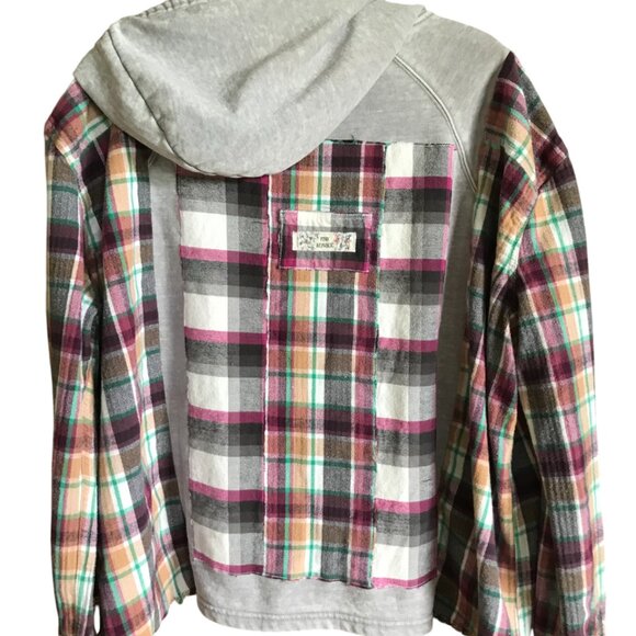 Patchwork Hoodie, Plus Size XL-2X: Upcycled Gray Magenta Plaid Boho Jacket - Picture 7 of 15